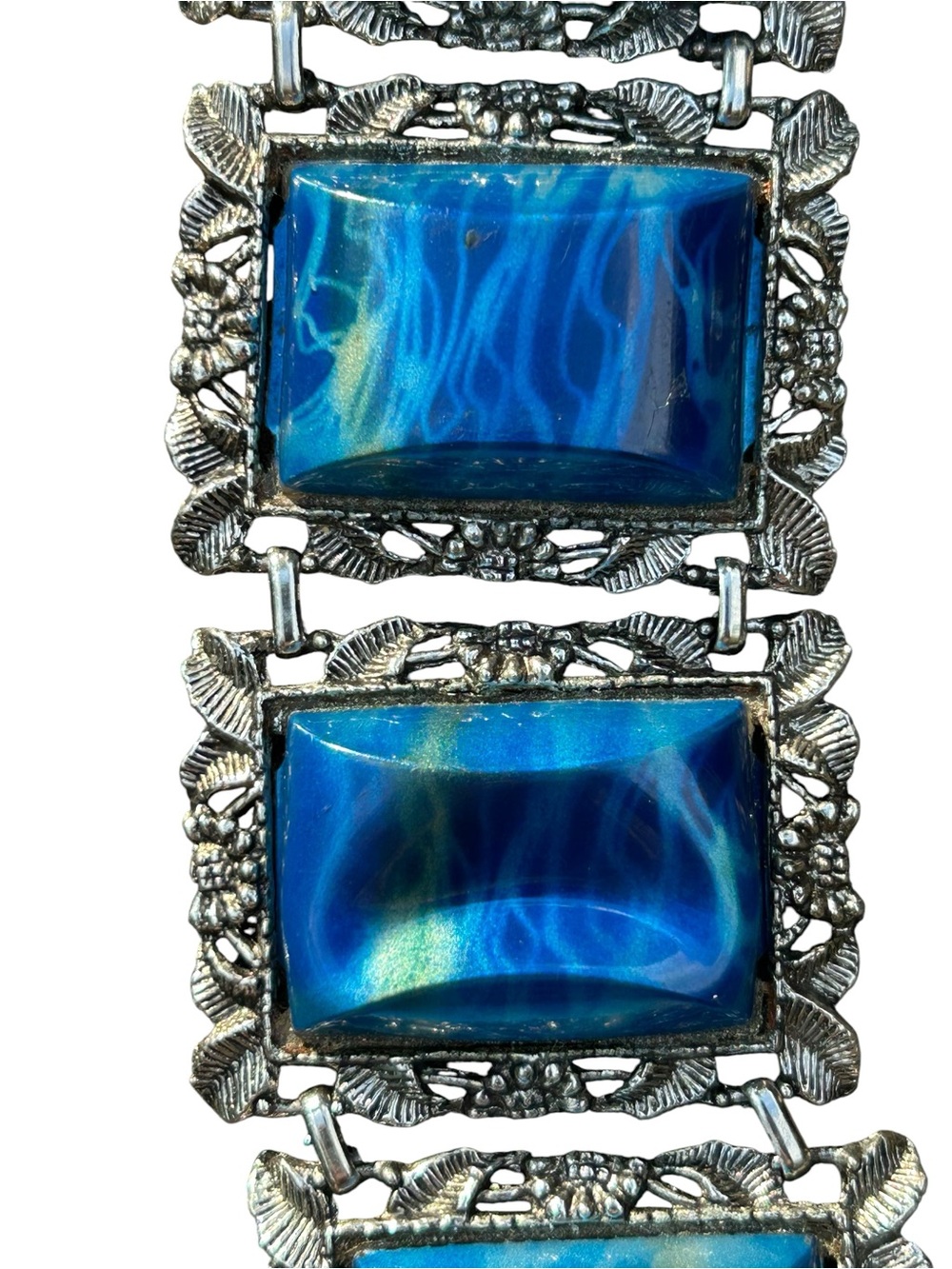 Whimsigoth Chunky Vintage Statement Bracelet  Blue Stones Scroll Work SilverTone - Picture 7 of 12